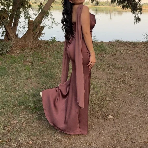 Azazie Strapless Satin Column Gown in Chocolate Brown - Picture 8 of 8